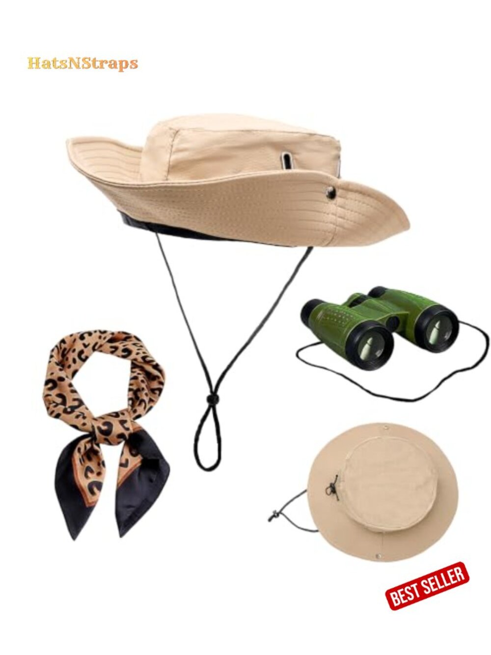 3 Pc Women Safari Costume Set Bucket Sun Hat Leopard Scarf Binoculars